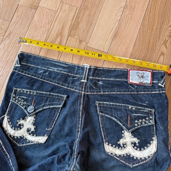 Laguna Beach Jean Co Dark Blue Flare Jeans Embroidered Skull Button USA 42x36
